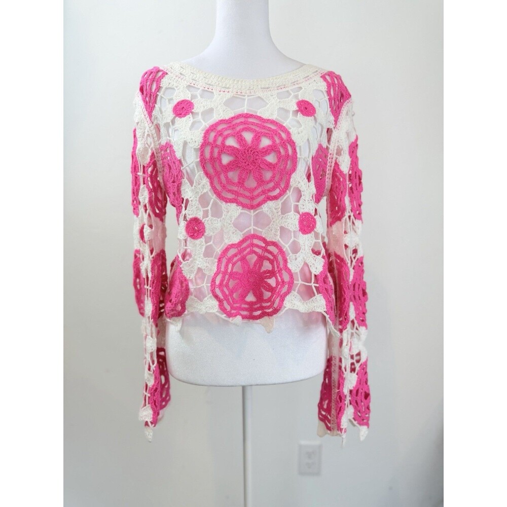 Joli & Co Crochet Sweater Top Pink White Floral Open Knit Boho Festival S/M Y2K